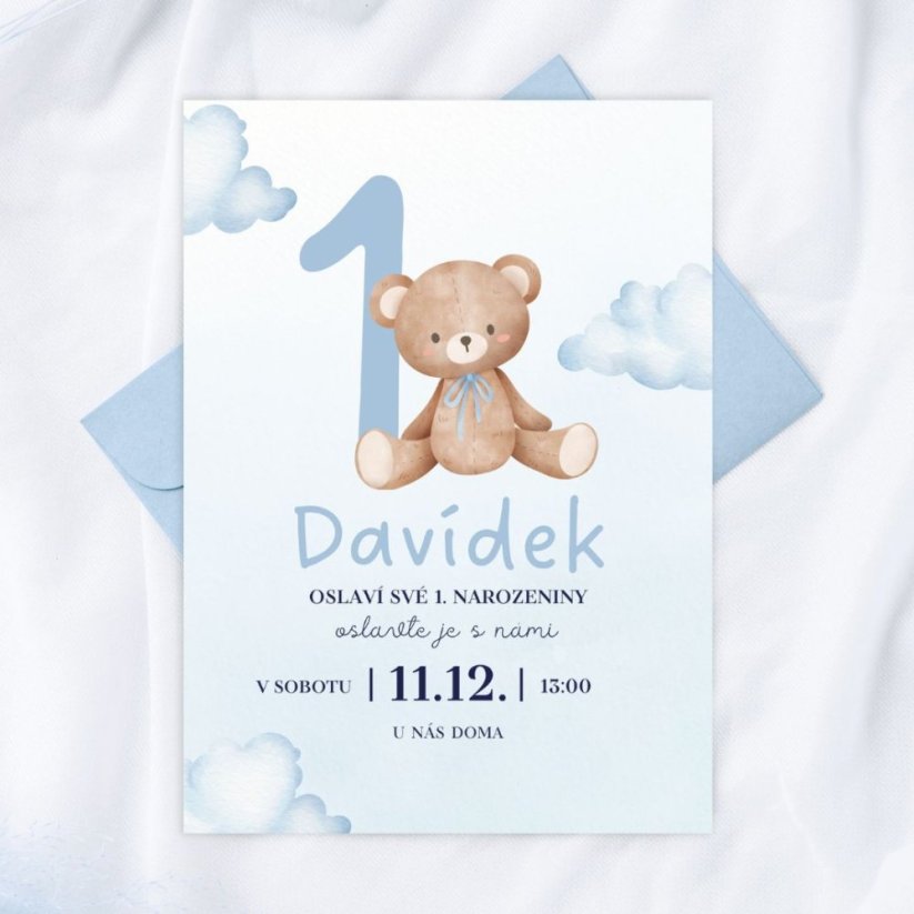 Narozeninová pozvánka  – medvídek - 05 VÍCE VARIANT - Barva: modrá