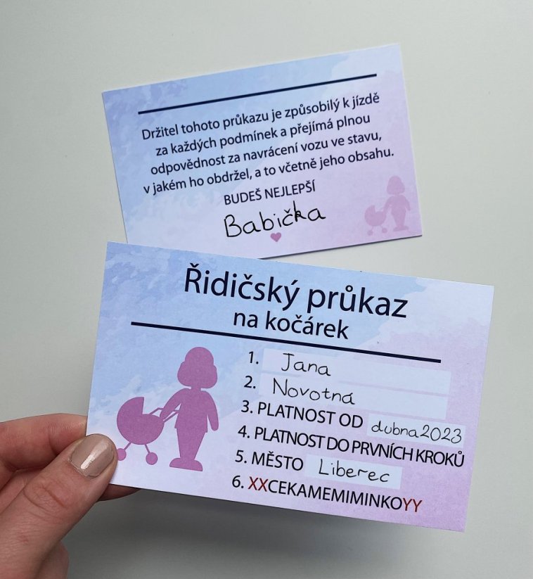 Řidičák a kočárek- růžová - Oznámení těhotenství